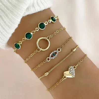 5 pcs Green Gemstone Love Eyes Round Bracelet Set